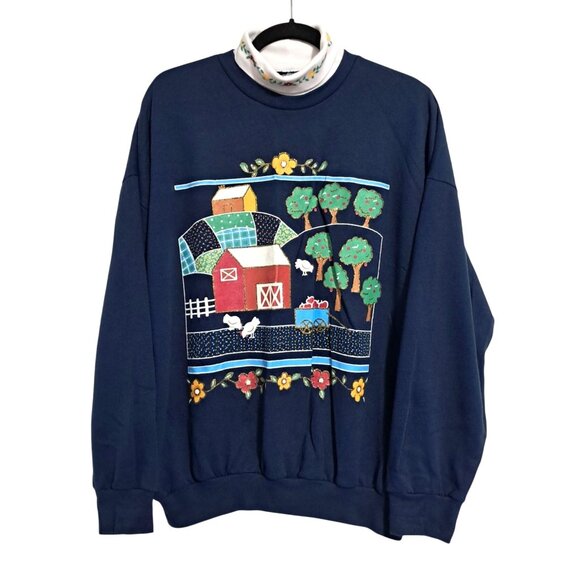 Vintage Act II Farm Scene Sweatshirt XL Navy Blue 100% Acrylic Made In USA - Picture 1 of 12